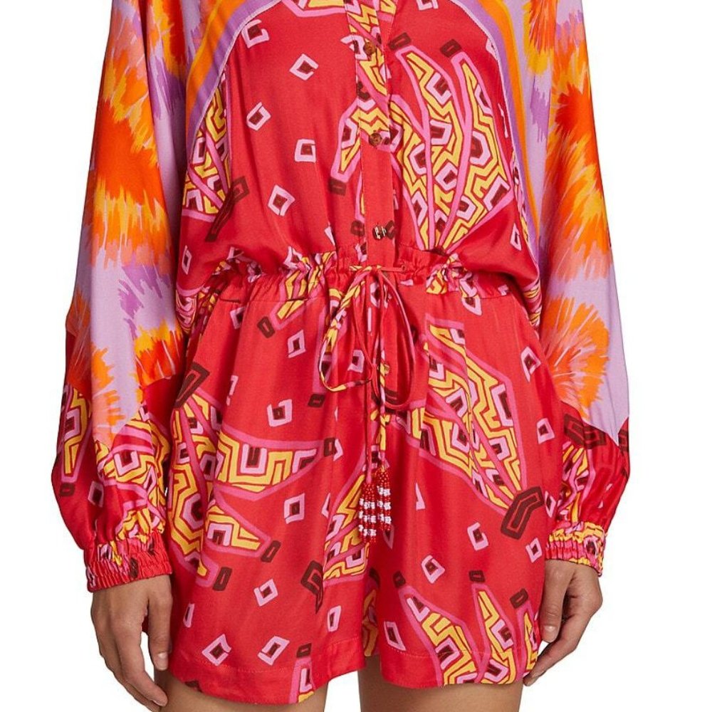 Tiki Bananas Scarf-sleeve Romper In Red Tiki Bananas + Tie Dye Cashew — MEDIUM
